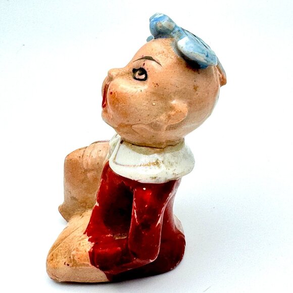 Hand-Painted Japanese Pixie Porcelain Figurine Blue Bow Red Coat Vtg Dragonfly - Picture 2 of 6